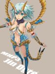  blue_eyes capcom earrings engrish fur highres horns jewelry jinouga monster_hunter monster_hunter_portable_3rd personification ranguage short_hair solo tail thigh-highs thighhighs 