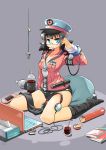  absurdres armband black_hair black_legwear blue_eyes breasts cleavage computer flashlight glasses grey_background hair_ornament hairclip hat headphones headphones_removed highres key laptop mouth_hold neet original peaked_cap pillow playstation_portable potato_chips psp salute seida short_shorts shorts single_thighhigh sitting solo thighhighs tissue_box wariza whistle 