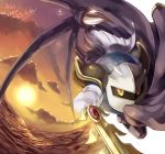 1boy cape cloud clouds galaxia_(sword) gem gloves hainegom highres janis_(hainegom) kirby_(series) looking_at_viewer male_focus mask meta_knight solo sun sword water weapon wings yellow_eyes
