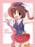  bare_shoulders bow breasts brown_eyes brown_hair dress gloves hand_on_hat happy_birthday hidaka_ai idolmaster pleated_skirt skirt sleeveless smile solo thigh-highs thighhighs wagomu17 