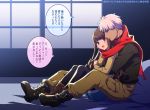  1boy 1girl archer bed boots brown_eyes brown_hair dark_skin fate/extra fate/extra_ccc fate/stay_night fate_(series) female_protagonist_(fate/extra) long_hair red_scarf scarf tetsukuzu_tetsuko translation_request white_hair window 