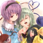  closed_eyes eyeball eyes_closed green_hair hat hat_removed headwear_removed heart komeiji_koishi komeiji_satori multiple_girls pink_hair pinky_swear red_eyes siblings sisters third_eye touhou yamu_(artist) 