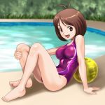  barefoot breasts brown_eyes brown_hair competition_swimsuit feet hidaka_ai idolmaster leg_hold muhi11234 one-piece_swimsuit pool smile solo swimsuit 