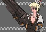  1girl blonde_hair blue_eyes breasts character_request cleavage eyepatch g-room_honten gloves gun hair_ornament huge_weapon jewelry kote large_breasts lips monster_hunter necklace puckered_lips revolver short_hair solo weapon 
