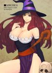  breasts cleavage detached_sleeves dragon&#039;s_crown dragon's_crown dress engrish harlequin_(artist) harlequin_(pixiv518935) hat large_breasts long_hair long_skirt ranguage red_eyes red_hair redhead side_slit skirt skull solo sorceress sorceress_(dragon&#039;s_crown) sorceress_(dragon's_crown) staff strapless_dress vanillaware weapon witch witch_hat 