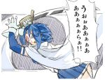  blood_on_face blue_eyes blue_hair cape gloves magical_girl mahou_shoujo_madoka_magica miki_sayaka pixad ringed_eyes skirt sword translated translation_request weapon 