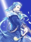  belt blue_eyes blue_hair bracelet chain chains coat dagger in_mouth jewelry long_hair male mori_(tsk03ss) mouth_hold personification ponytail repede scar solo tales_of_(series) tales_of_vesperia teeth weapon wink 