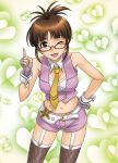  akizuki_ritsuko bare_shoulders breasts brown_eyes brown_hair cleavage fingerless_gloves garter_straps glasses gloves heart hida_tatsuo idolmaster idolmaster_2 midriff necktie open_mouth short_shorts shorts smile solo thigh-highs thighhighs wink wrist_cuffs 