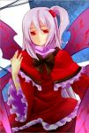  arthur_salvatores capelet dress goddess hair_bobbles hair_ornament long_hair multiple_wings red_eyes shinki short_hair side_ponytail silver_hair smile solo touhou wings 