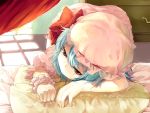 bed bent_over blue_hair brown_eyes flat_gaze hair_tubes hands hat lying on_bed on_stomach pillow red_eyes remilia_scarlet sleepy solo sunlight touhou wrist_cuffs yana_mori 