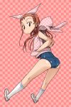  ass brown_eyes brown_hair checkered checkered_background hairband hands_in_pockets hoodie idolmaster kneehighs long_hair looking_back minase_iori solo swimsuit swimsuit_under_clothes ttomm white_legwear 