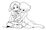  1girl baldric barefoot belt blush boots breast_press breasts flat_chest hat indian_style leaning link monochrome monster_girl navel nintendo ocarina_of_time om_(artist) open_mouth pointy_ears princess princess_ruto royal royalty short_hair sitting small_breasts smile sweat the_legend_of_zelda webbed_feet young_link zora 