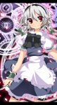  absurdres bad_id blue_dress braid cherry_blossoms clock clockwork dress fruits_punch gears hexagram highres izayoi_sakuya knife letterboxed magic_circle maid red_eyes short_hair silver_hair smile solo the_embodiment_of_scarlet_devil throwing_knife touhou twin_braids weapon wrist_cuffs wristband 