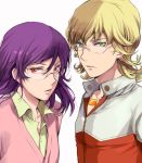  barnaby_brooks_jr blonde_hair cardigan crossover glasses green_eyes gundam gundam_00 hibiki_(bagawa) jacket jewelry male multiple_boys necklace parody purple_hair red_eyes red_jacket tieria_erde tiger_&amp;_bunny 