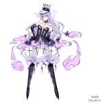  chandelure cleavage costume crown daive elbow_gloves fire gloves highres legging leggings lipstick makeup moemon personification pointy_ears pokemon purple_fire purple_hair simple_background solo white_background yellow_eyes 