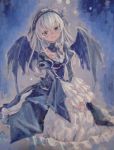  acrylic_paint_(medium) ama-tou brown_eyes dress frilled_dress frills gown hairband lolita_fashion long_hair long_sleeves rozen_maiden silver_hair sitting smile solo suigintou traditional_media v_arms wide_sleeves wings 