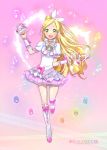  bad_id blonde_hair blush boots bow character_name choker cure_rhythm earrings fantastic_belltier green_eyes heart highres jewelry long_hair magical_girl minamino_kanade open_mouth precure skirt smile solo suite_precure title_drop ume_(plumblossom) wrist_cuffs 
