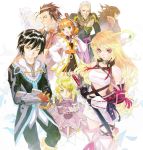  4girls ahoge alvin_(tales_of_xillia) black_hair blonde_hair brown_hair character_request cravat doll dress elise_lutas elise_lutus fujishima_kousuke gaias gaius_(tales_of_xillia) gauntlets gradient_hair green_eyes inomata_mutsumi jude_mathis leia_roland milla_maxwell multicolored_hair multiple_boys multiple_girls muse_(tales_of_xillia) official_art red_eyes rowen_j._ilbert shian_rem skirt tales_of_(series) tales_of_xillia tipo_(xillia) tippo tubetop white_background white_hair yellow_eyes 