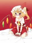  ascot bad_id bespectacled blonde_hair bow donacoo flandre_scarlet glasses hair_bow hat nail_polish red_eyes side_ponytail sitting solo the_embodiment_of_scarlet_devil touhou wariza wings wrist_cuffs 