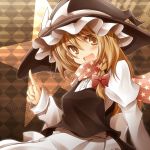  blonde_hair bow braid brown_eyes bust checkered checkered_background hair_bow hat kirisame_marisa long_hair open_mouth perfect_cherry_blossom scarf shirayuki_mutsumi solo star touhou witch witch_hat yellow_eyes 