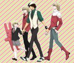  barnaby_brooks_jr belt blonde_hair blue_eyes boots bracelet brown_eyes brown_hair cabbie_hat child facial_hair glasses hand_holding hat holding_hands jacket jewelry kaburagi_t_kotetsu katou_setsuko kneehighs male multiple_boys necktie red_jacket setsuco_k short_hair shorts stubble studded_belt stuffed_animal stuffed_bunny stuffed_toy teenage tiger_&amp;_bunny time_paradox vest watch white_legwear wristwatch young 