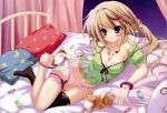  absurdres barefoot beads bed black_legwear blonde_hair blush bracelet breasts candy cat cleavage copyright_request crescent heart_print highres izumi_tsubasu jewelry leg_garter navel necklace no_shoes on_bed panties pillow plushy purple_eyes single_thighhigh smile solo star_print striped striped_panties stuffed_animal stuffed_cat stuffed_toy thigh-highs thighhighs underwear violet_eyes 