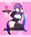  1girl black_legwear blue_hair food fruit high_heels judith lace long_hair parfait payot pointy_ears ponytail purple_eyes purrin shoes sitting skirt smile solo strawberry tales_of_(series) tales_of_vesperia thigh-highs thighhighs tray tri_tails violet_eyes waitress wrist_cuffs 