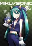  aqua_eyes aqua_hair caffein cosplay crossover gloves hatsune_miku highres hoodie navel project_diva smile sonic sonic_(cosplay) sonic_the_hedgehog twintails vocaloid wink 