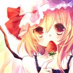  alternate_costume bare_shoulders blonde_hair blue_dress blush bust close-up dress eating face flandre_scarlet food fruit hand_on_own_chest hand_to_chest hat kusa red_eyes side_ponytail slit_pupils solo strawberry the_embodiment_of_scarlet_devil touhou wings 