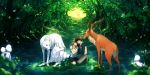  1girl animal ashitaka couple deer elk forest highres kodama mononoke_hime nature san studio_ghibli sunbeam sunlight tree water wenqing_yan wolf yuumei 