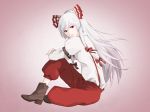  boots bow fujiwara_no_mokou hair_bow light_smile long_hair looking_at_viewer pants red_eyes sanadoon shoes silver_hair simple_background sitting solo suspenders touhou 