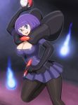  artist_request bangs black_legwear blunt_bangs bob_cut breasts cleavage collar dress elbow_gloves ghost glasses gloves highres holding holding_poke_ball large_breasts pantyhose pen pleated_skirt poke_ball pokemon pokemon_(game) pokemon_black_and_white pokemon_bw purple_eyes purple_hair shikimi_(pokemon) shiny shiny_clothes short_hair skirt smile solo taut_shirt thick_thighs violet_eyes 
