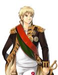  blonde_hair england_(hetalia) epaulettes eyebrows green_eyes male medal sherry_lai short_hair sword united_kingdom_(hetalia) weapon 
