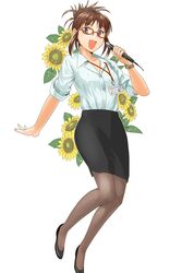  1girl akizuki_ritsuko brown_eyes brown_hair dress_shirt female flower glasses highres idolmaster idolmaster_2 microphone miniskirt name_tag nametag office_lady pantyhose shirt short_hair skirt smile solo sunflower tsurui 