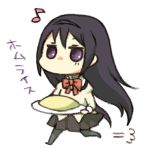  0201ymrs akemi_homura bow chibi food hairband long_hair lowres mahou_shoujo_madoka_magica omurice pantyhose pun school_uniform solo translated yamarisu_(ymrs) 