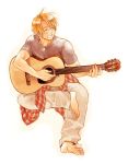  acoustic_guitar ahoge america_(hetalia) arms_up axis_powers_hetalia bangs barefoot blonde_hair closed_eyes dog_tags eyes_closed feet glasses guitar happy instrument iwaki_soyogo jacket jewelry male necklace open_mouth pants short_hair sitting solo tag 