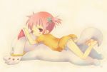  barefoot child kyubey machico mahou_shoujo_madoka_magica on_stomach pink_eyes pink_hair short_hair sleep_wear sleepwear stuffed_animal stuffed_toy twintails wink young 