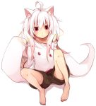  :&lt; androgynous animal_ears animal_tail barefoot hiyo_kiki kyubey long_hair mahou_shoujo_madoka_magica male nail_polish off_shoulder payot personification pink_eyes red_eyes shorts simple_background sitting sleeves_past_wrist solo tail toenail_polish trap white_hair 