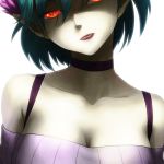  blue_hair breasts c_(control) c_the_money_of_soul_and_possibility_control cleavage collarbone face glowing glowing_eyes head_wings pointy_ears q_(control) red_eyes shin_(world_3000) short_hair simple_background solo tongue 