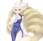  adapted_costume animal_ears bad_id bare_shoulders blonde_hair breasts china_dress chinese_clothes cleavage cleavage_cutout detached_sleeves fox_ears fox_tail hat multiple_tails rattan_tantaka short_hair side_slit simple_background slit_pupils smile solo tail thighs touhou yakumo_ran yellow_eyes 