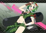  asymmetrical_clothes bokura_no_16bit_warz_(vocaloid) chan_co fingerless_gloves front-tie_top gloves goggles goggles_on_head green_eyes green_hair gumi headphones headset midriff nail_polish navel nuke open_fly open_mouth short_hair smile solo tied_shirt unzipped vocaloid 