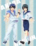  2boys akira_(maskman) blue_hair brown_eyes crossover foreshortening green_hair hikari_sentai_maskman izumi_rion kamen_rider kamen_rider_kiva_(series) male multiple_boys ramon sailor short_hair super_sentai watch wristwatch 