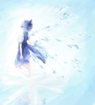  bad_id barefoot blue_dress blue_eyes blue_hair bow cirno crystal dress hair_bow hair_ornament ice solo touhou wings zatsuon 
