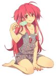  angel_beats! bare_shoulders barefoot casual jewelry long_hair nail_polish pajamas pink_hair popsicle red_eyes ring short_twintails shorts simple_background sitting solo star star_print strap_slip tongue twintails wariza yaruse yui_(angel_beats!) 
