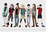  alternate_costume belt black_hair blonde_hair casual choker closed_eyes contemporary eyes_closed facial_mark fashion green_eyes grin hood hyuuga_neji inuzuka_kiba jewelry lineup long_hair male multiple_boys nara_shikamaru naruto naruto_shippuuden necklace ponytail rock_lee sai short_hair smile sunglasses temari114 uzumaki_naruto 