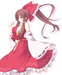  blush bow breasts brown_eyes brown_hair detached_sleeves fal_maro finger_to_face hair_bow hair_tubes hakurei_reimu hand_to_face highres large_breasts long_hair long_sleeves midriff miko no_bra ponytail shirt side_slit sideboob skirt skirt_set slit solo touhou 
