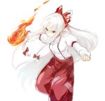  bad_id bow burning_hand burning_hands clenched_hands dress_shirt fighting_stance fire fist fujiwara_no_mokou hair_bow long_hair pants ribbon shirt silver_hair simple_background solo suspenders touhou ume_(plumblossom) very_long_hair white_hair 