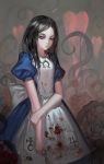  alice_(wonderland) alice_in_wonderland alphonse_(white_datura) american_mcgee&#039;s_alice american_mcgee's_alice arm_grab bad_id black_hair blood blood_on_clothes bloody_clothes blue_dress dress flower green_eyes jewelry knife necklace pendant red_rose rose solo vines 