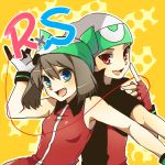  back-to-back bandana bandanna blouse blue_eyes brown_hair character_name fang fingerless_gloves gloves hat mokorei odamaki_sapphire open_mouth pokemon pokemon_emerald pokemon_rse pokemon_special red_eyes red_string ruby_(pokemon) short_hair sleeveless smile string title_drop 