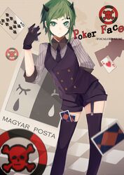  facepaint facial_mark formal garter_straps gloves green_eyes green_hair gumi horns mr.05 necktie poker_face_(vocaloid) short_hair shorts solo suit thighhighs vocaloid 